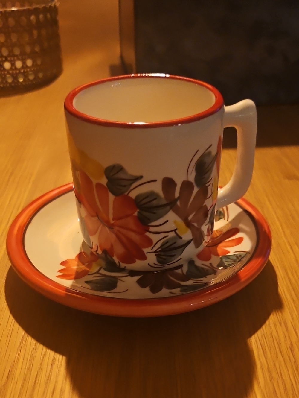Floral Ceramic Espresso Cup and Saucer - Red Trim
